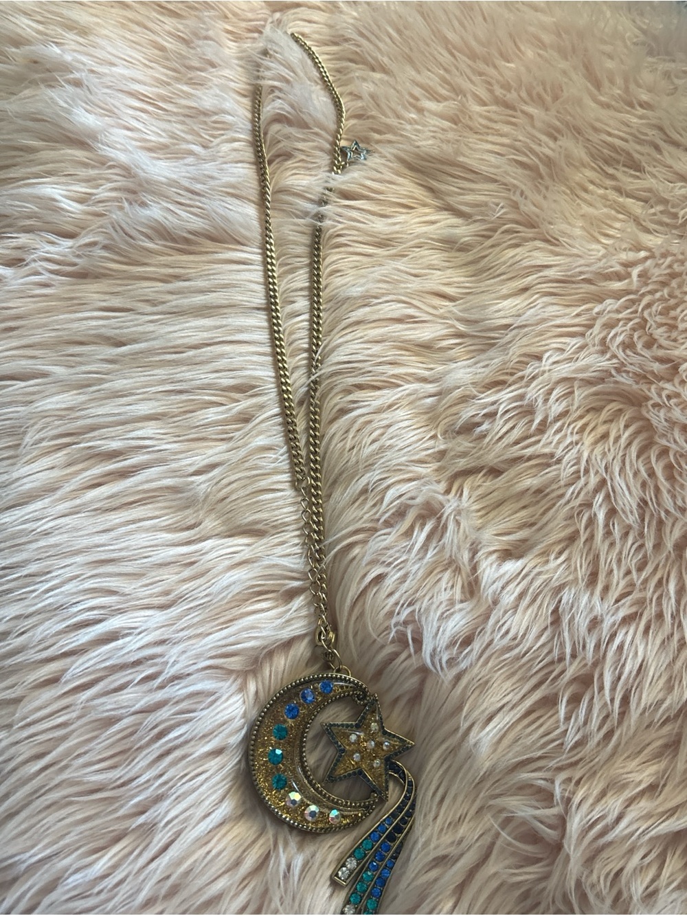 Gold-tone Crescent Moon and Star Pendant Necklace with Blue Accents - Picture 4 of 4